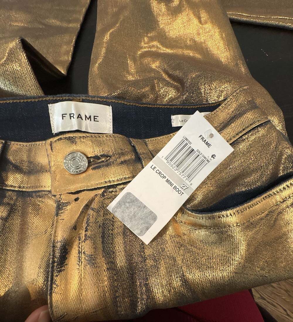 FRAME Le Crop Mini Boot Metallic Coated High-Rise Jeans Gold Chrome Size 27
